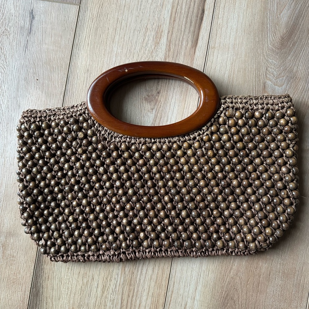 LOFT Brown Beaded Clutch with Wooden Handle